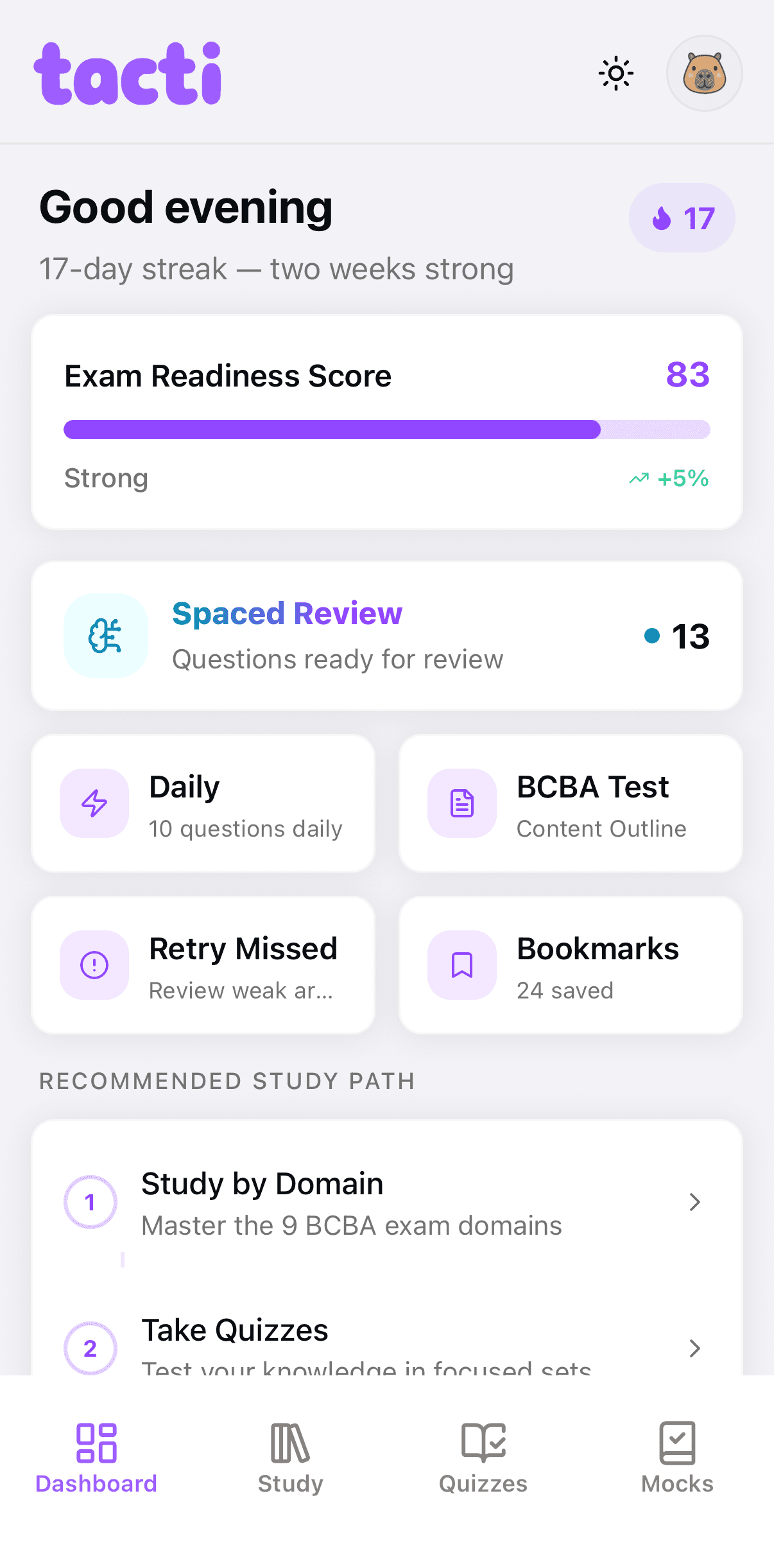 Tacti dashboard with exam readiness score and study streak