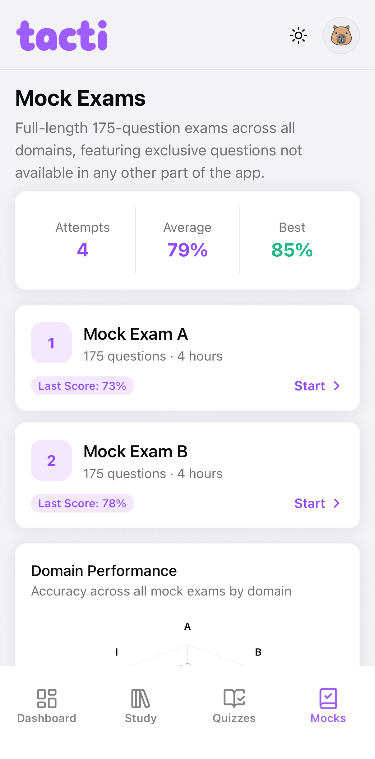 Mock exams page with score history and domain performance
