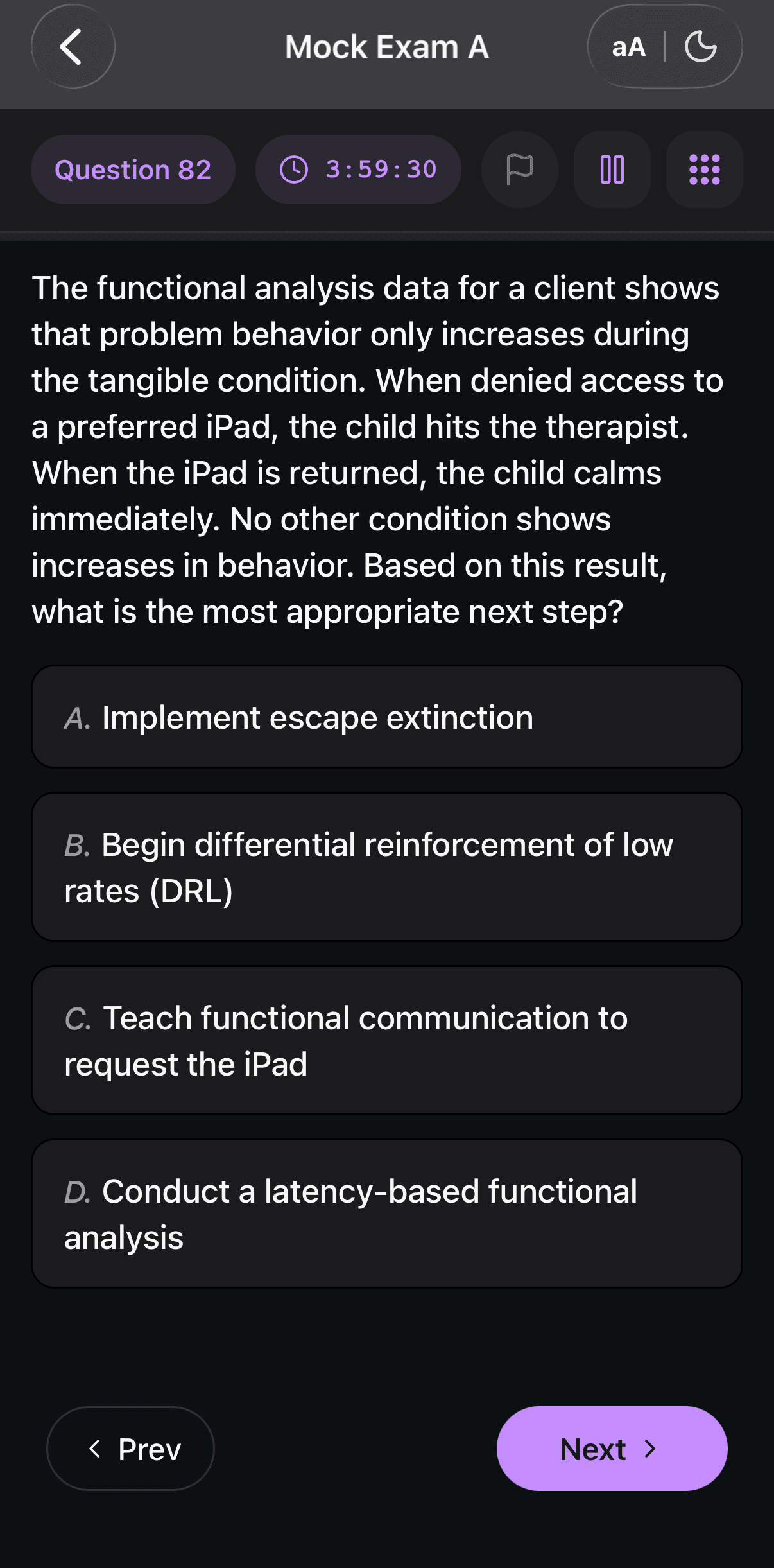 Timed mock exam question in dark mode